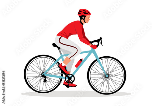 Illustrated male cyclist in an red jersey and dark shorts, actively pedaling a modern road bike with drop handlebars and helmet.