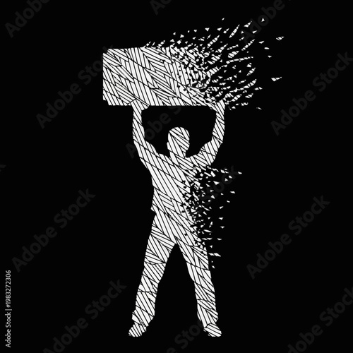 Man holding heavy object disintegrating into particles.