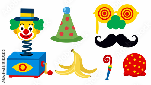 April Fools elements set with prank icons in flat style for fun celebration