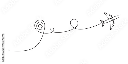 Minimalist airplane route concept with travel path and pin icon line drawing.