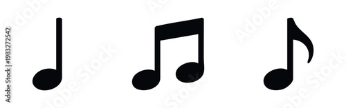Three black icons of musical notes on a white background