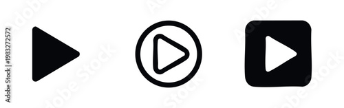 Three black icons of play buttons: triangle, circle with triangle, square with triangle
