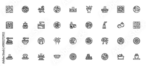 Thai Food icon set. Vector illustrations of sausage, steamed fish, pad thai, mango, tom yum goong, curry, dessert and more traditional dishes and ingredients.