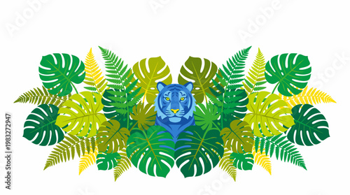 Blue Tiger Emerging from Lush Green Tropical Jungle Foliage