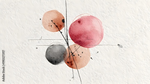 Minimalist Abstract Watercolor Art Featuring Four Circles and Scribbled Lines on Textured White Paper with Large Negative Space