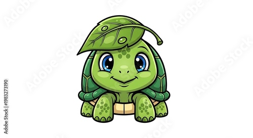 A cute cartoon turtle with a leaf on its head smiling