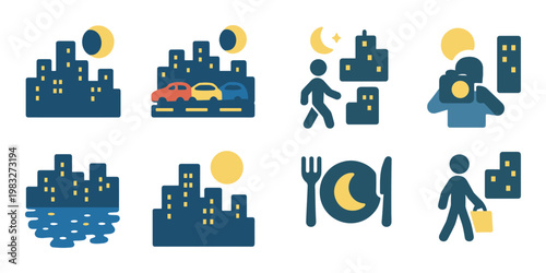 City skyline and urban activity icons set