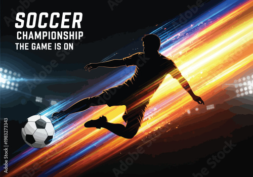 Dynamic silhouette of a soccer player kicking a ball with vibrant light streaks and stadium lights in the background, promoting a championship event.