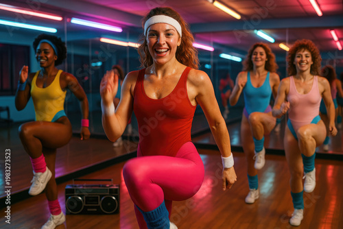 Women exercising in a retro 80s aerobics class with neon lights