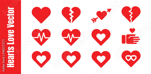 Solid red heart symbols set showing various emotional states health conditions and romantic connection concepts.