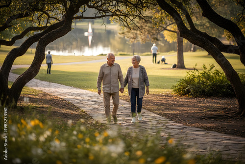 Elderly couple walking together in a park