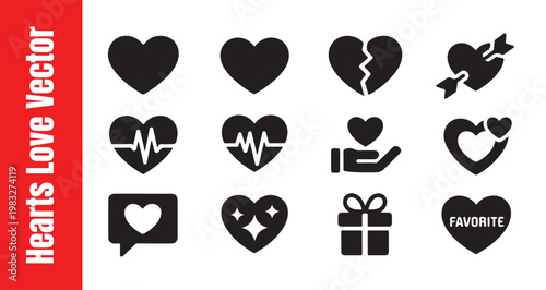 Collection of black heart icons for medical cardiology and romantic design isolated on transparent background.