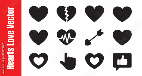 Hearts love vector symbols including arrow silhouettes social media like icons and medical heartbeat lines.