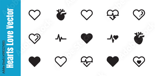 Minimalist heart icons for medical cardiology and romantic concepts isolated on transparent grid background.