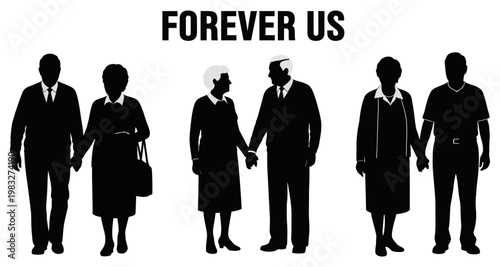 Elderly couples holding hands during their long-term relationship in silhouette style