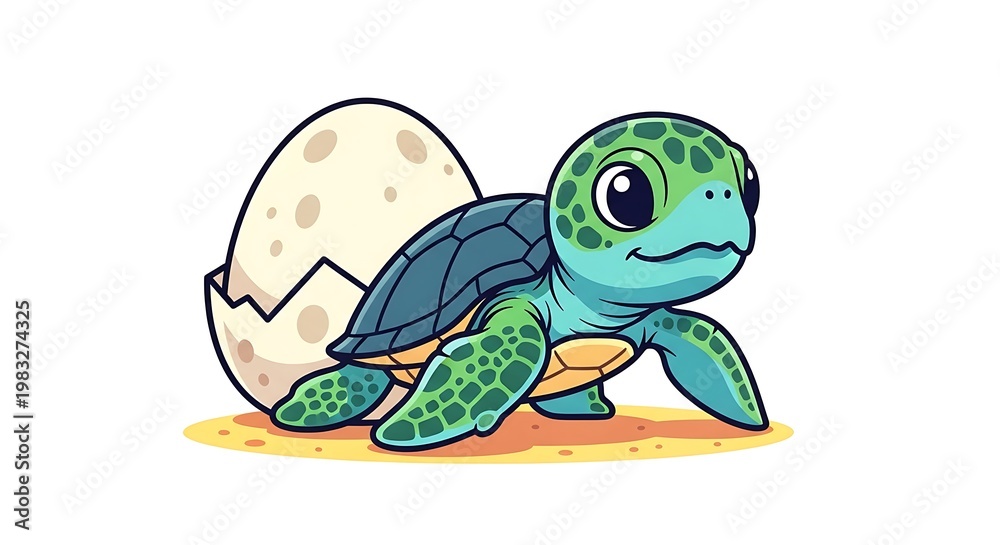 Obraz premium A cartoon turtle hatches from an egg on a sandy beach
