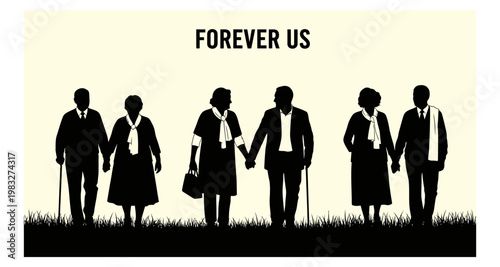 Elderly couples holding hands walking in silhouette against a light background
