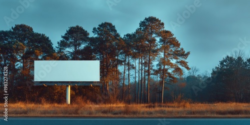Blank billboard beside a highway with tall trees and golden grass