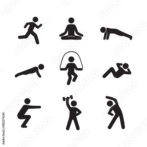 Fitness Exercise Silhouette Icons Set Running Yoga Push Up Squat Workout Collection