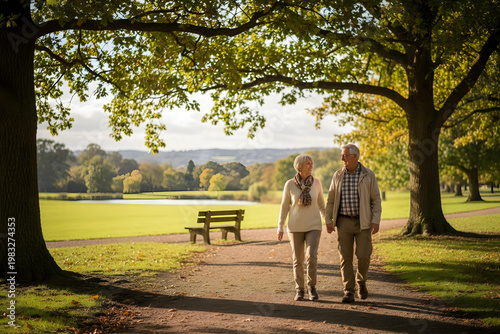 Elderly couple walking together in a park