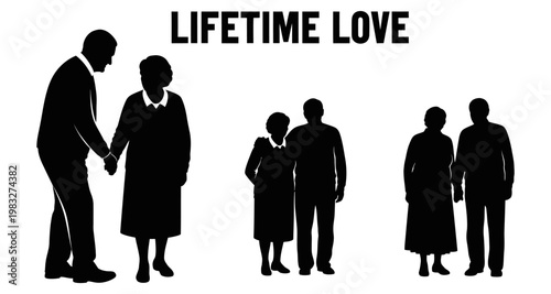 Elderly couples in silhouette embracing during different life stages conveying enduring affection