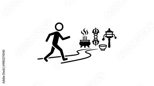 Pilgrim Walking a Path Towards Ritual Objects