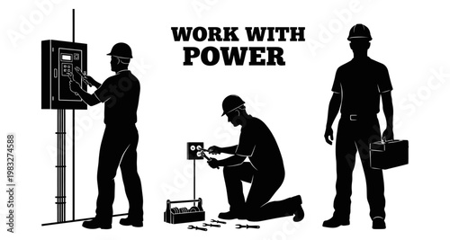 Electrician silhouettes working with electrical equipment and tools for power installation