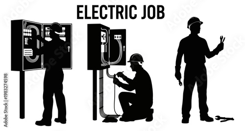 Electrician silhouettes working on electrical panels and wiring with tools