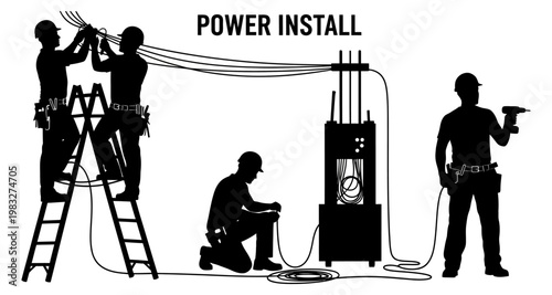 Electricians installing power lines with ladders and tools during construction work