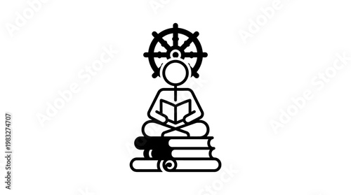 Meditating Figure with Dharma Wheel and Books