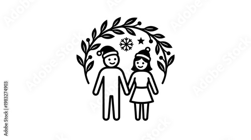 Christmas Couple Holding Hands Inside Wreath