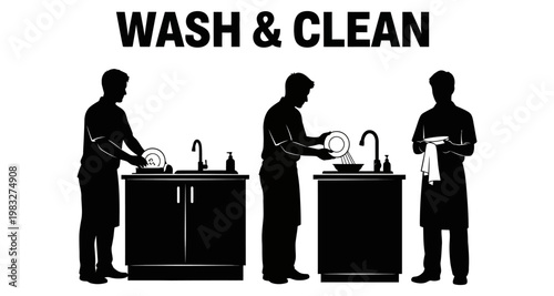 Man washing dishes at kitchen sink with soap dispenser and drying with towel