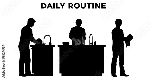 Man performing daily kitchen chores in silhouette with three distinct actions