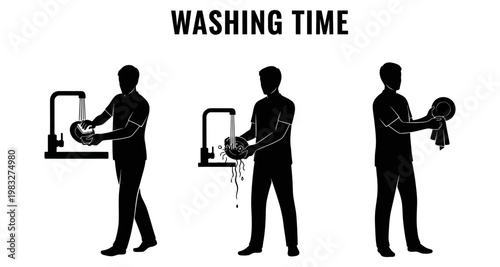 Man washing dishes at sink during daily routine with clear water flow