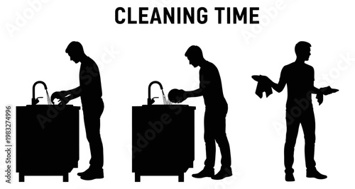 Man washing dishes at sink and drying with cloth in sequence for cleaning illustration