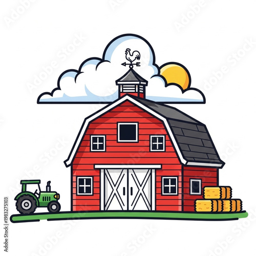 Red Barn with Weathervane and Tractor.
