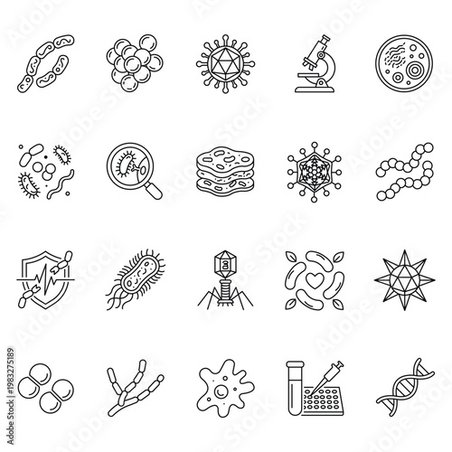 Microbiology and virology line icon set featuring bacteria, cells, pathogens, research equipment, dna, and microscopic organisms in vector style.