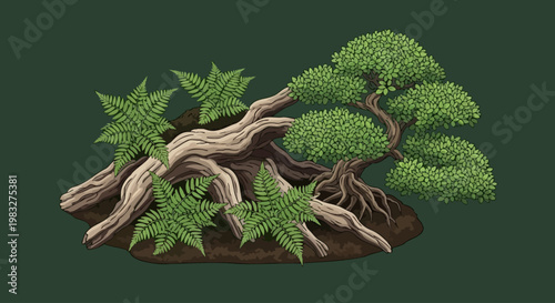 Bonsai tree and fern illustration on dark green background