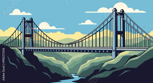 Flat vector illustration of a modern suspension bridge spanning across a deep river valley