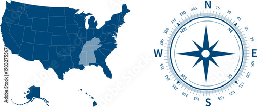 South region. East South Central: Alabama, Kentucky, Mississippi, Tennessee. States of America territory. Separate states. Vector