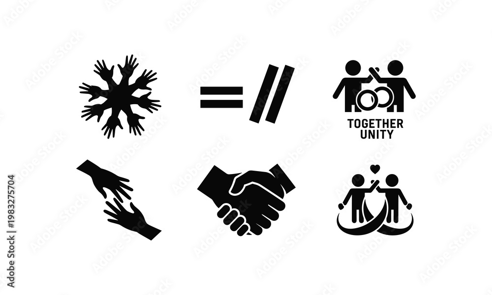 Fototapeta premium Together unity handshake and equality silhouette vector set line art community concepts.