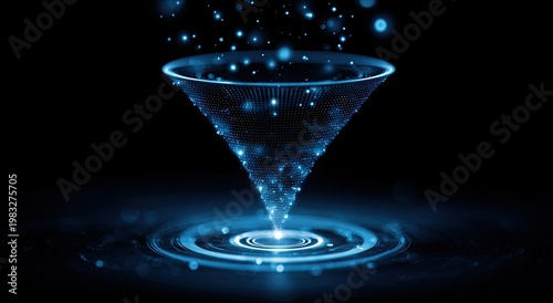 Glowing digital funnel filtering glowing particles into a bright light circle