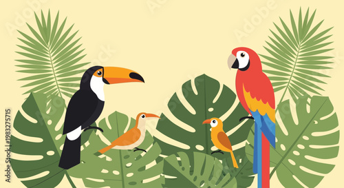 Tropical birds in lush foliage
