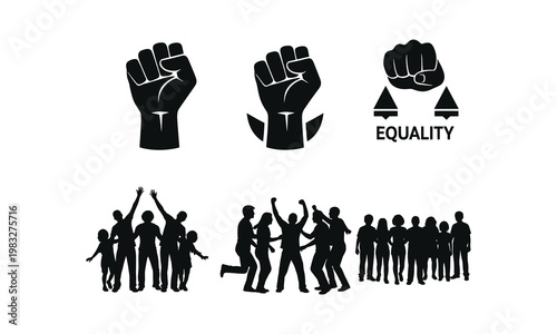 Vector illustration of raised fists, equality symbol, people protesting, fighting for rights.