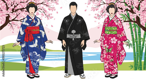 Bild auf Leinwand Traditional Japanese kimono fashion with cherry blossoms and bamboo