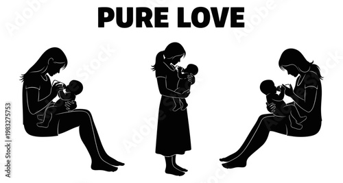 Motherhood silhouettes breastfeeding infant in gentle poses conveying nurturing and connection