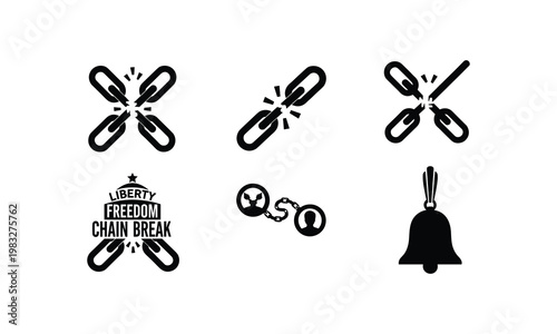 Vector silhouette illustration of broken chains symbolizing freedom, liberty, and chain break.