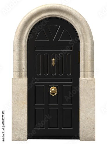 Classic arched front door with decorative panels and vintage architecture