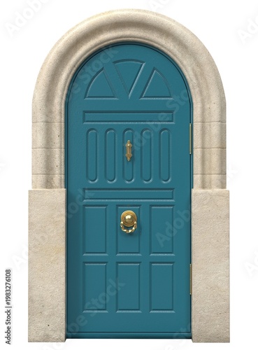 Classic arched front door with decorative panels and vintage architecture