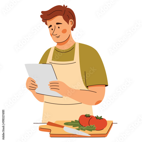 Smiling man in apron reads recipe and prepares vegetables. Home cooking scene featuring healthy food